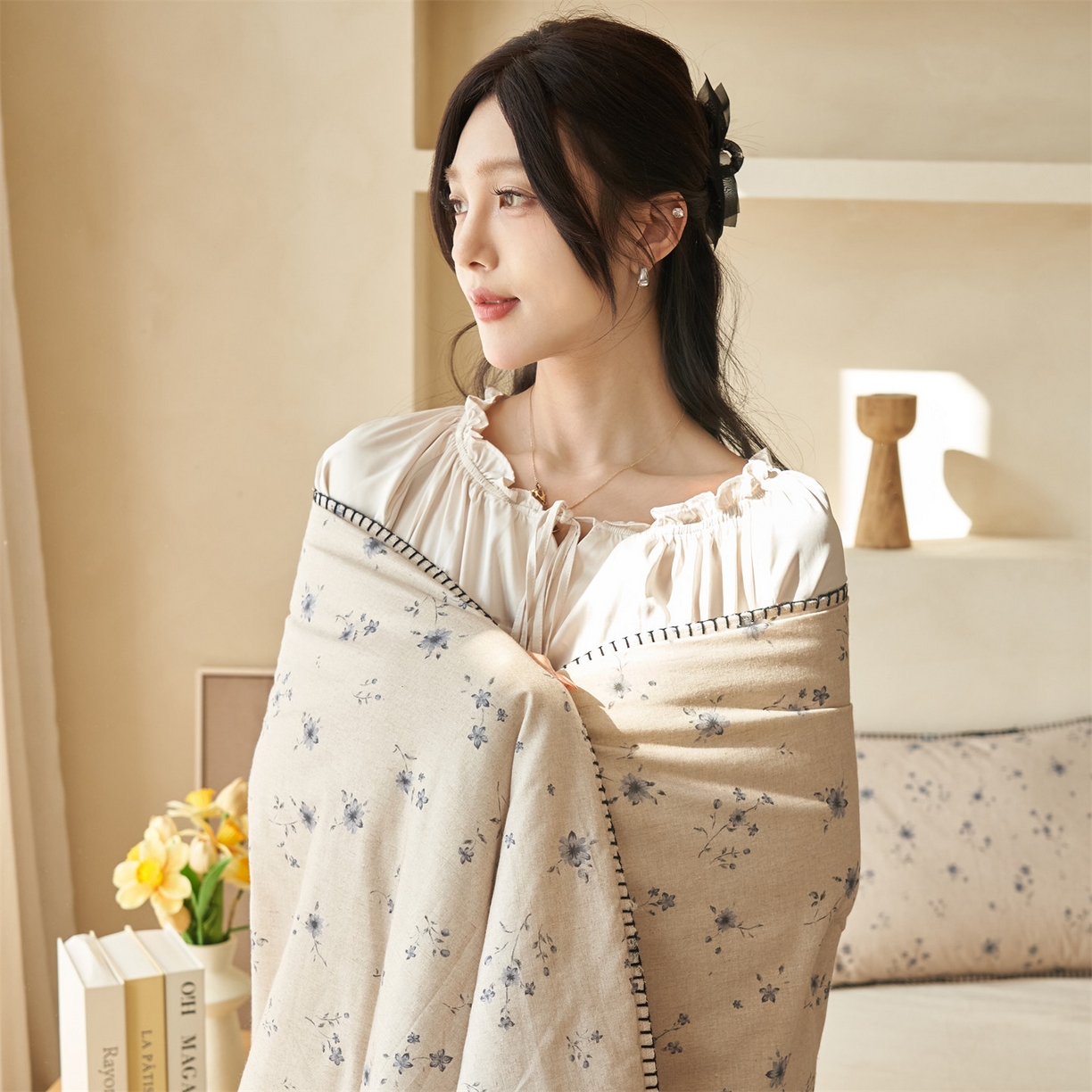 91家纺网 家纺一手货源 找家纺 恬思语家纺 2026春夏新款棉麻印花棉花夏被空调被夏凉被四件套花卉系列 蓝颜