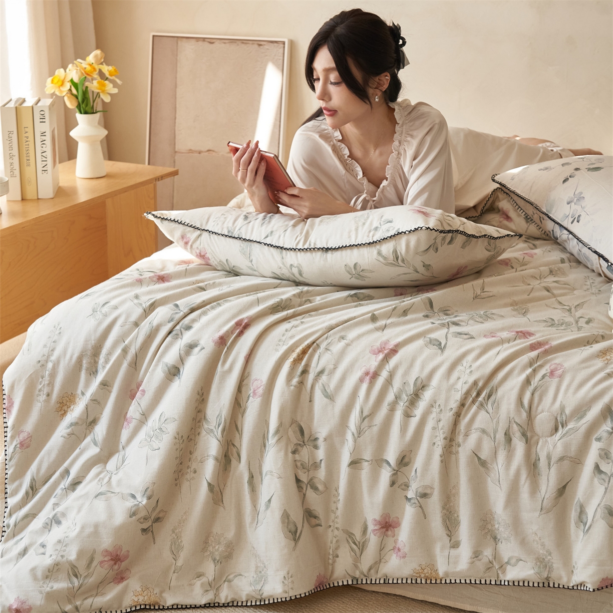 91家纺网 家纺一手货源 找家纺 恬思语家纺 2026春夏新款棉麻印花棉花夏被空调被夏凉被四件套花卉系列 花田