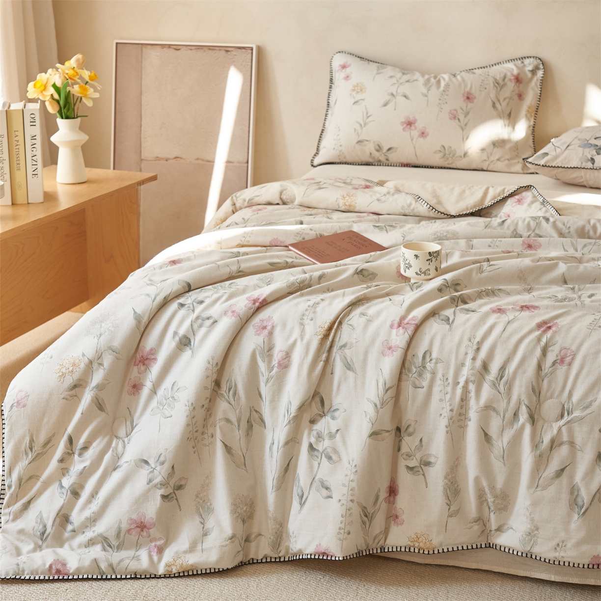 91家纺网 家纺一手货源 找家纺 恬思语家纺 2026春夏新款棉麻印花棉花夏被空调被夏凉被四件套花卉系列 花田