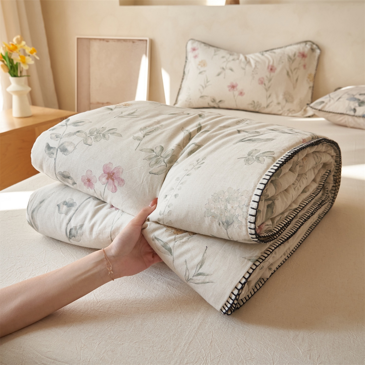 91家纺网 家纺一手货源 找家纺 恬思语家纺 2026春夏新款棉麻印花棉花夏被空调被夏凉被四件套花卉系列 花田