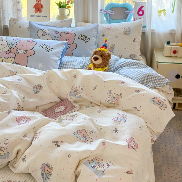 91家纺网 家纺一手货源 找家纺 Sweet dreams甜梦 2026新款小清新卡通全棉纯棉印花床盖四件套 晚安熊