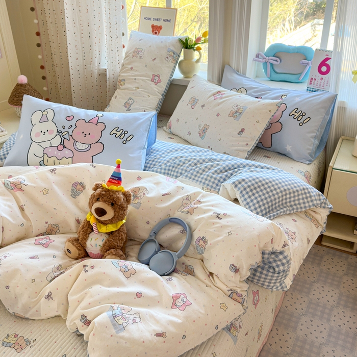 91家纺网 家纺一手货源 找家纺 Sweet dreams甜梦 2026新款小清新卡通全棉纯棉印花床盖四件套 晚安熊