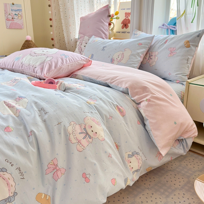 91家纺网 家纺一手货源 找家纺 Sweet dreams甜梦 2026新款小清新卡通全棉纯棉印花床盖四件套 蛋糕小狗