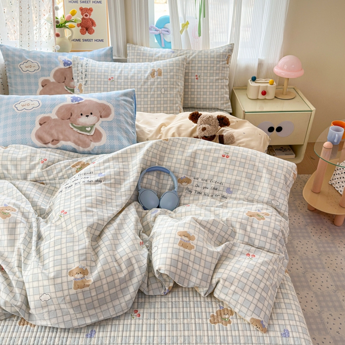 91家纺网 家纺一手货源 找家纺 Sweet dreams甜梦 2026新款小清新卡通全棉纯棉印花床盖四件套 樱桃小狗