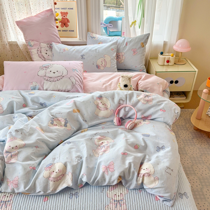 91家纺网 家纺一手货源 找家纺 Sweet dreams甜梦 2026新款小清新卡通全棉纯棉印花床盖四件套 蛋糕小狗