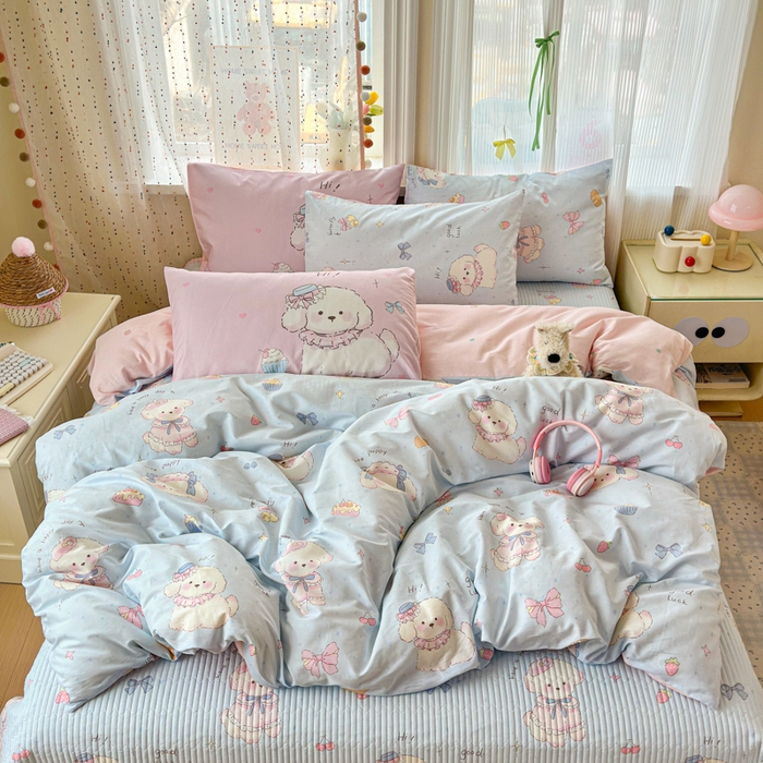 91家纺网 家纺一手货源 找家纺 Sweet dreams甜梦 2026新款小清新卡通全棉纯棉印花床盖四件套 蛋糕小狗