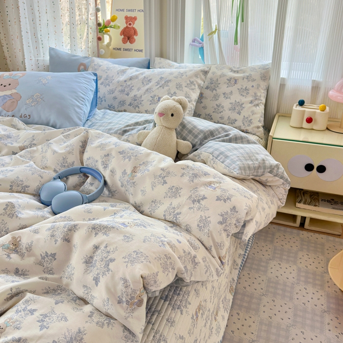 91家纺网 家纺一手货源 找家纺 Sweet dreams甜梦 2026新款小清新卡通全棉纯棉印花床盖四件套 碎花小兔