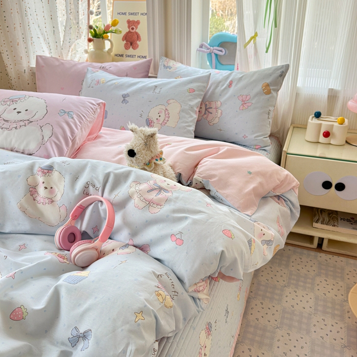 91家纺网 家纺一手货源 找家纺 Sweet dreams甜梦 2026新款小清新卡通全棉纯棉印花床盖四件套 蛋糕小狗