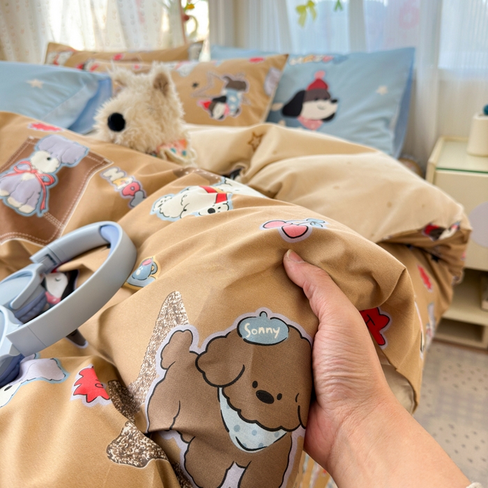 91家纺网 家纺一手货源 找家纺 Sweet dreams甜梦 2026新款小清新卡通全棉纯棉印花床盖四件套 星星小狗