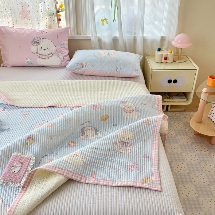 91家纺网 家纺一手货源 找家纺 Sweet dreams甜梦 2026新款小清新卡通全棉纯棉印花床盖四件套 蛋糕小狗