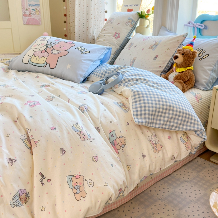 91家纺网 家纺一手货源 找家纺 Sweet dreams甜梦 2026新款小清新卡通全棉纯棉印花床盖四件套 晚安熊