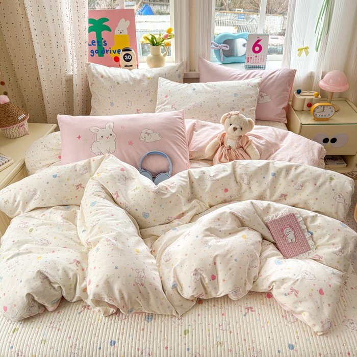 91家纺网 家纺一手货源 找家纺 Sweet dreams甜梦 2026新款小清新卡通全棉纯棉印花床盖四件套 星星小兔