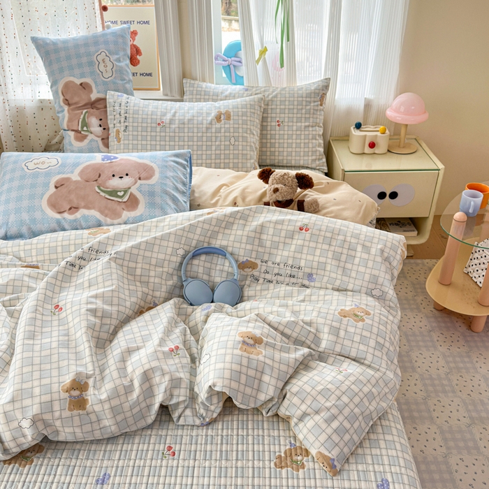 91家纺网 家纺一手货源 找家纺 Sweet dreams甜梦 2026新款小清新卡通全棉纯棉印花床盖四件套 樱桃小狗