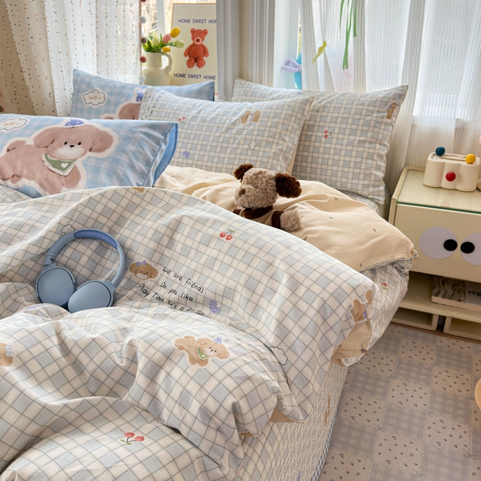 91家纺网 家纺一手货源 找家纺 Sweet dreams甜梦 2026新款小清新卡通全棉纯棉印花床盖四件套 樱桃小狗