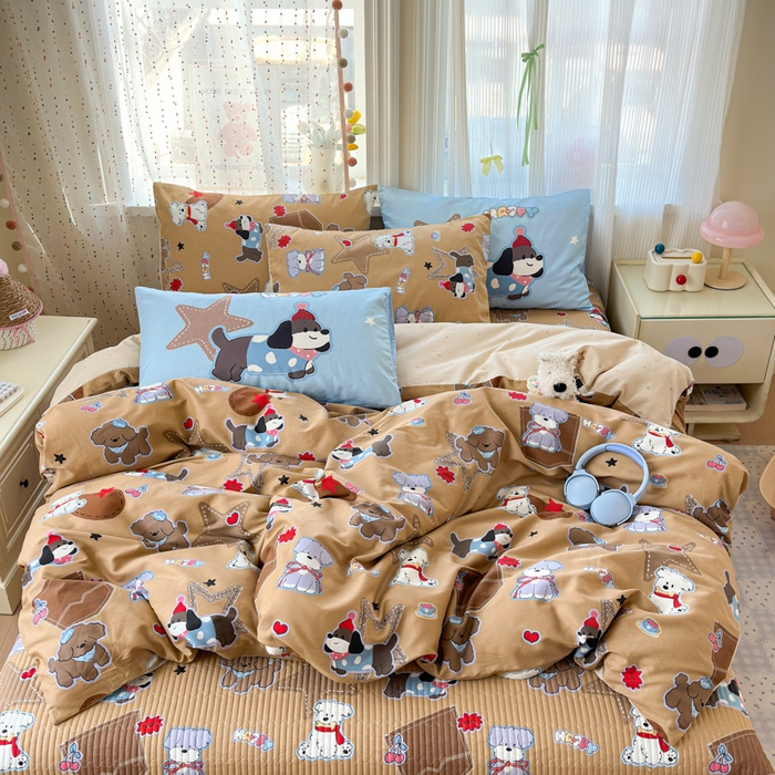 91家纺网 家纺一手货源 找家纺 Sweet dreams甜梦 2026新款小清新卡通全棉纯棉印花床盖四件套 星星小狗