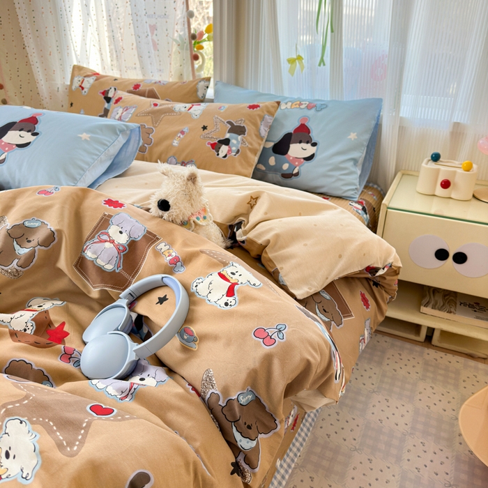 91家纺网 家纺一手货源 找家纺 Sweet dreams甜梦 2026新款小清新卡通全棉纯棉印花床盖四件套 星星小狗