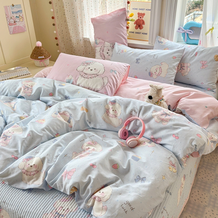 91家纺网 家纺一手货源 找家纺 Sweet dreams甜梦 2026新款小清新卡通全棉纯棉印花床盖四件套 蛋糕小狗