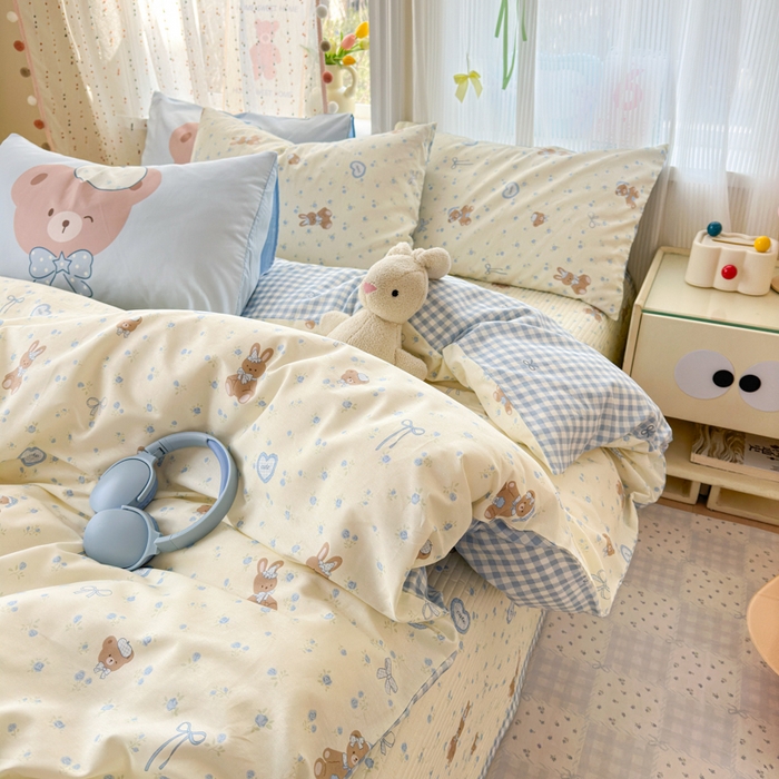 91家纺网 家纺一手货源 找家纺 Sweet dreams甜梦 2026新款小清新卡通全棉纯棉印花床盖四件套 蝴蝶结兔兔