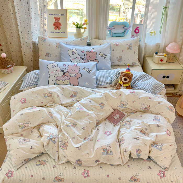 91家纺网 家纺一手货源 找家纺 Sweet dreams甜梦 2026新款小清新卡通全棉纯棉印花床盖四件套 晚安熊