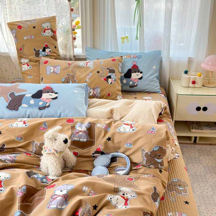 91家纺网 家纺一手货源 找家纺 Sweet dreams甜梦 2026新款小清新卡通全棉纯棉印花床盖四件套 星星小狗