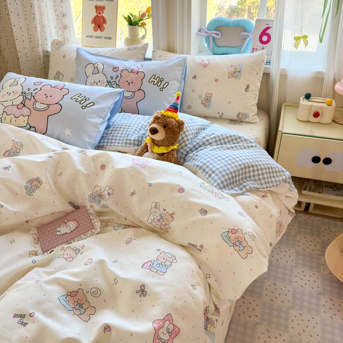 91家纺网 家纺一手货源 找家纺 Sweet dreams甜梦 2026新款小清新卡通全棉纯棉印花床盖四件套 晚安熊