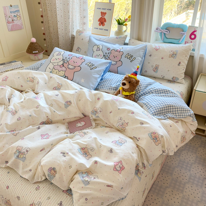 91家纺网 家纺一手货源 找家纺 Sweet dreams甜梦 2026新款小清新卡通全棉纯棉印花床盖四件套 晚安熊