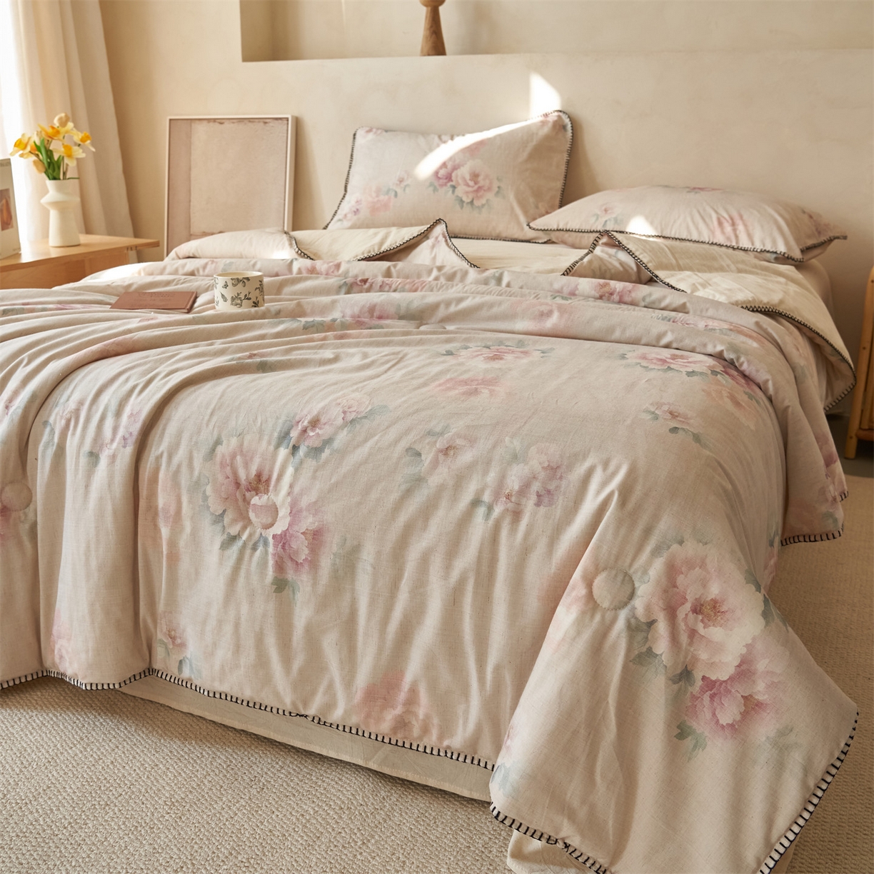 91家纺网 家纺一手货源 找家纺 恬思语家纺 2026春夏新款棉麻印花棉花夏被空调被夏凉被四件套花卉系列 花香