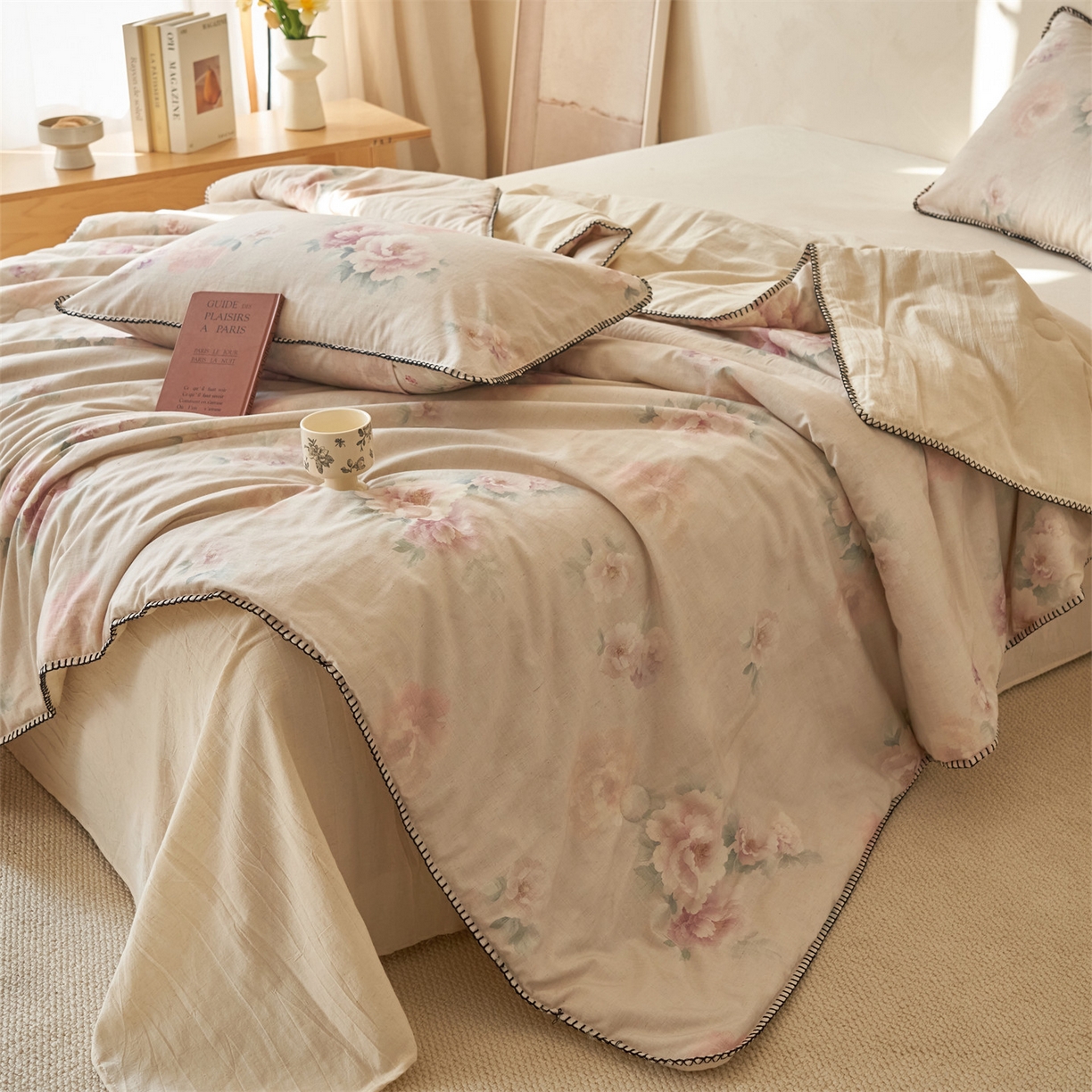 91家纺网 家纺一手货源 找家纺 恬思语家纺 2026春夏新款棉麻印花棉花夏被空调被夏凉被四件套花卉系列 花香