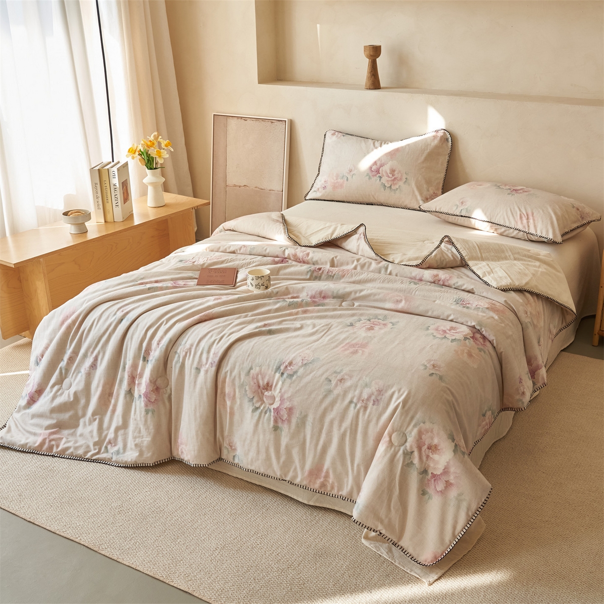 91家纺网 家纺一手货源 找家纺 恬思语家纺 2026春夏新款棉麻印花棉花夏被空调被夏凉被四件套花卉系列 花香