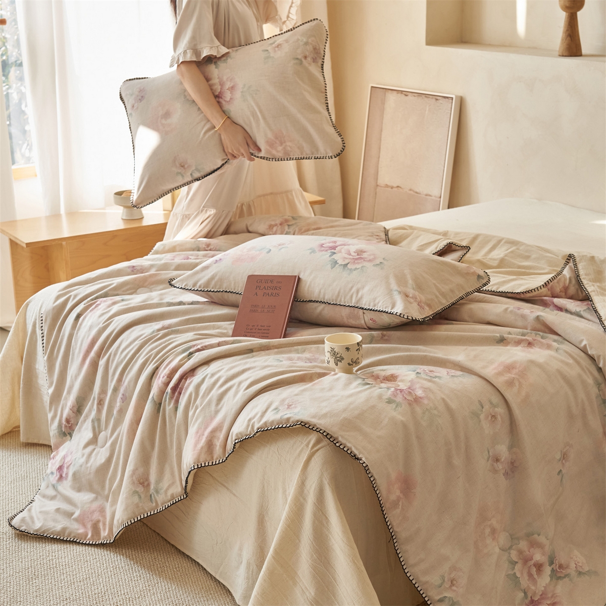 91家纺网 家纺一手货源 找家纺 恬思语家纺 2026春夏新款棉麻印花棉花夏被空调被夏凉被四件套花卉系列 花香