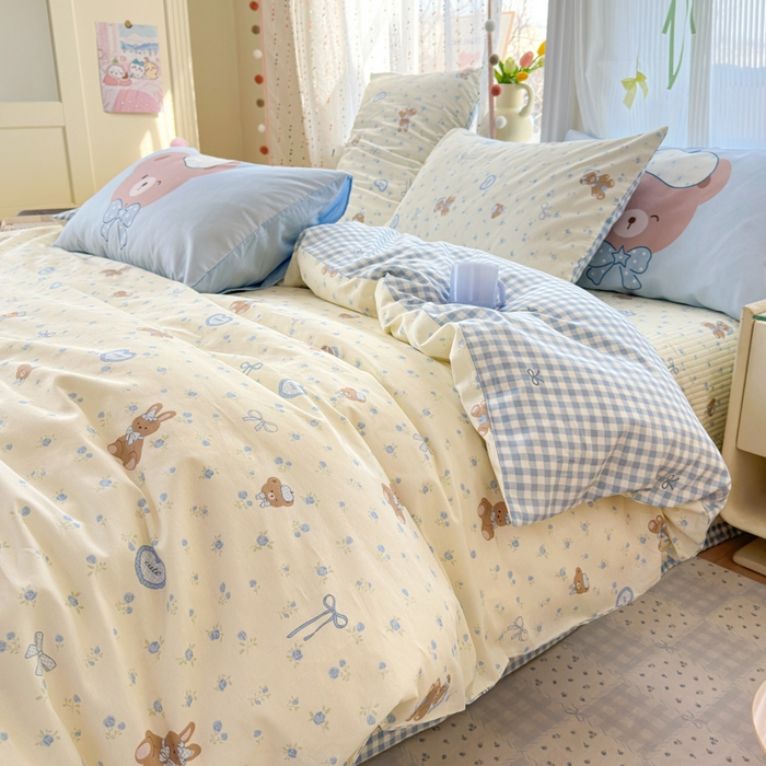 91家纺网 家纺一手货源 找家纺 Sweet dreams甜梦 2026新款小清新卡通全棉纯棉印花床盖四件套 蝴蝶结兔兔