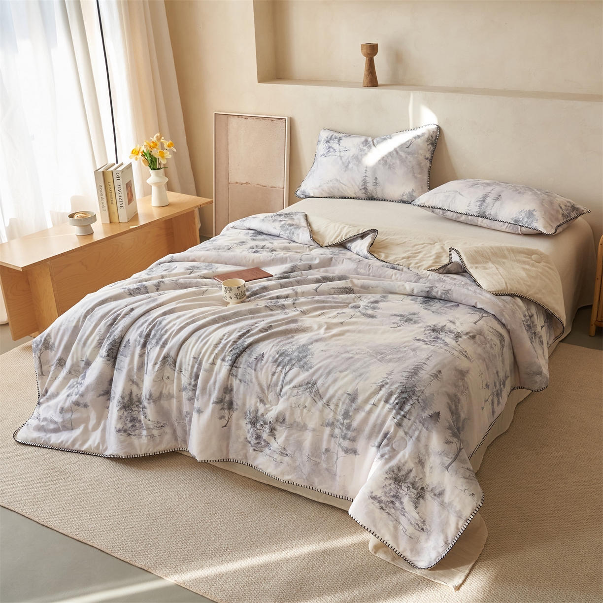 91家纺网 家纺一手货源 找家纺 恬思语家纺 2026春夏新款棉麻印花棉花夏被空调被夏凉被四件套花卉系列 湘南