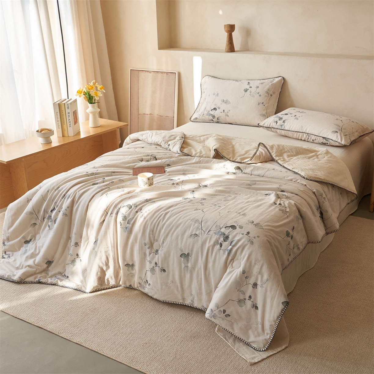 91家纺网 家纺一手货源 找家纺 恬思语家纺 2026春夏新款棉麻印花棉花夏被空调被夏凉被四件套花卉系列 墨芙