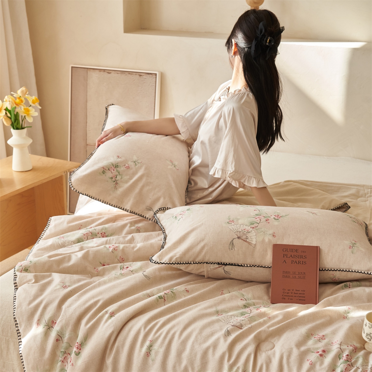 91家纺网 家纺一手货源 找家纺 恬思语家纺 2026春夏新款棉麻印花棉花夏被空调被夏凉被四件套花卉系列 花兮