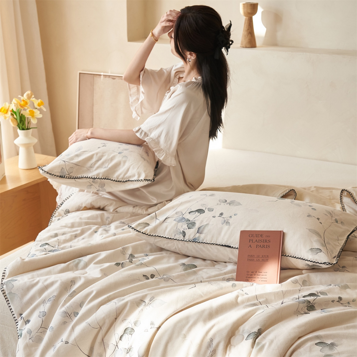 91家纺网 家纺一手货源 找家纺 恬思语家纺 2026春夏新款棉麻印花棉花夏被空调被夏凉被四件套花卉系列 墨芙