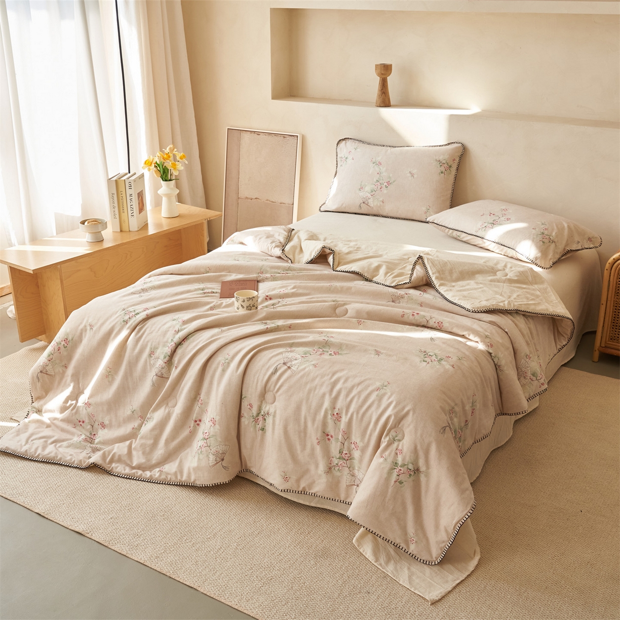 91家纺网 家纺一手货源 找家纺 恬思语家纺 2026春夏新款棉麻印花棉花夏被空调被夏凉被四件套花卉系列 花兮