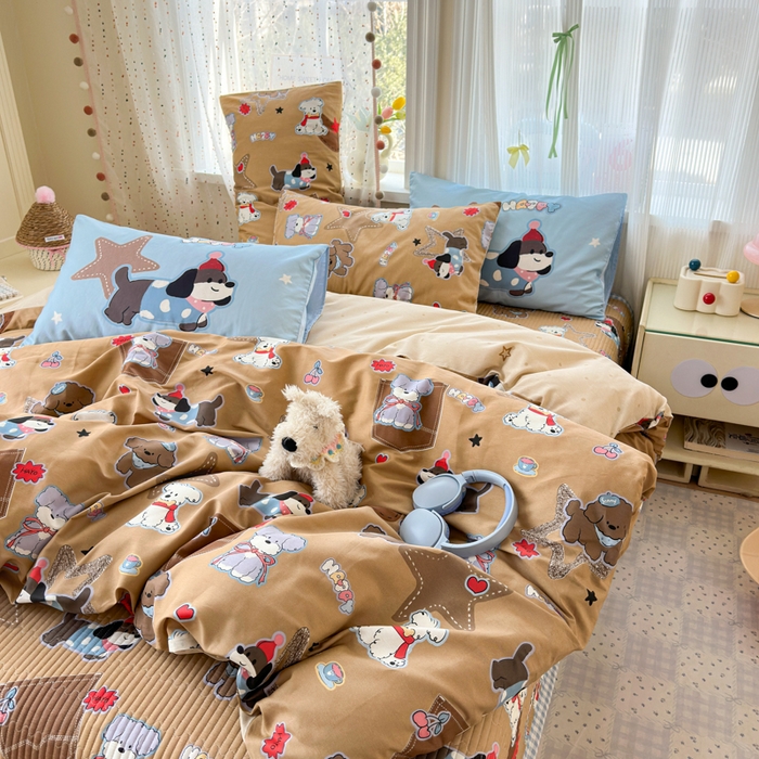 91家纺网 家纺一手货源 找家纺 Sweet dreams甜梦 2026新款小清新卡通全棉纯棉印花床盖四件套 星星小狗