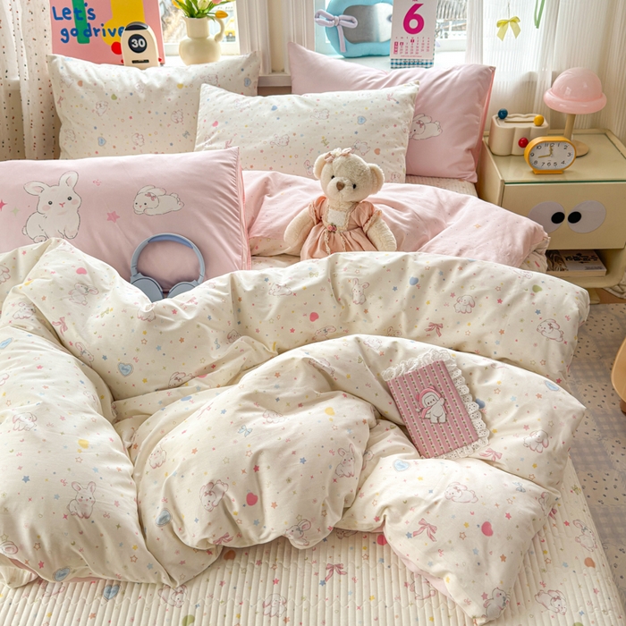 91家纺网 家纺一手货源 找家纺 Sweet dreams甜梦 2026新款小清新卡通全棉纯棉印花床盖四件套 星星小兔