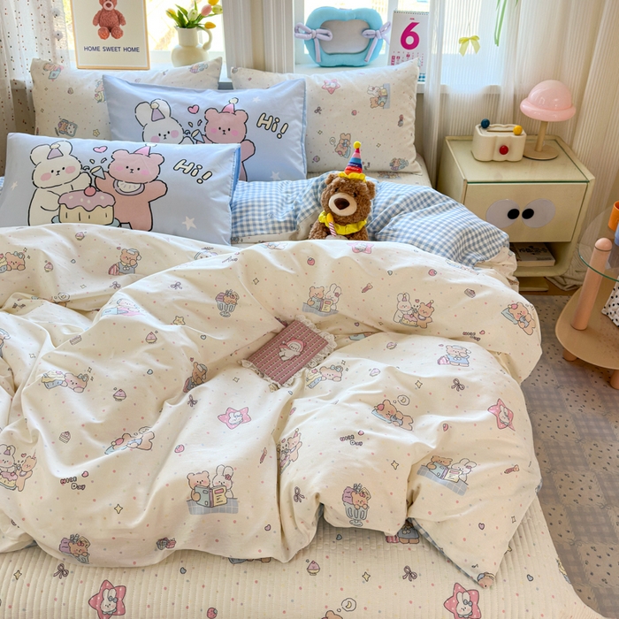 91家纺网 家纺一手货源 找家纺 Sweet dreams甜梦 2026新款小清新卡通全棉纯棉印花床盖四件套 晚安熊