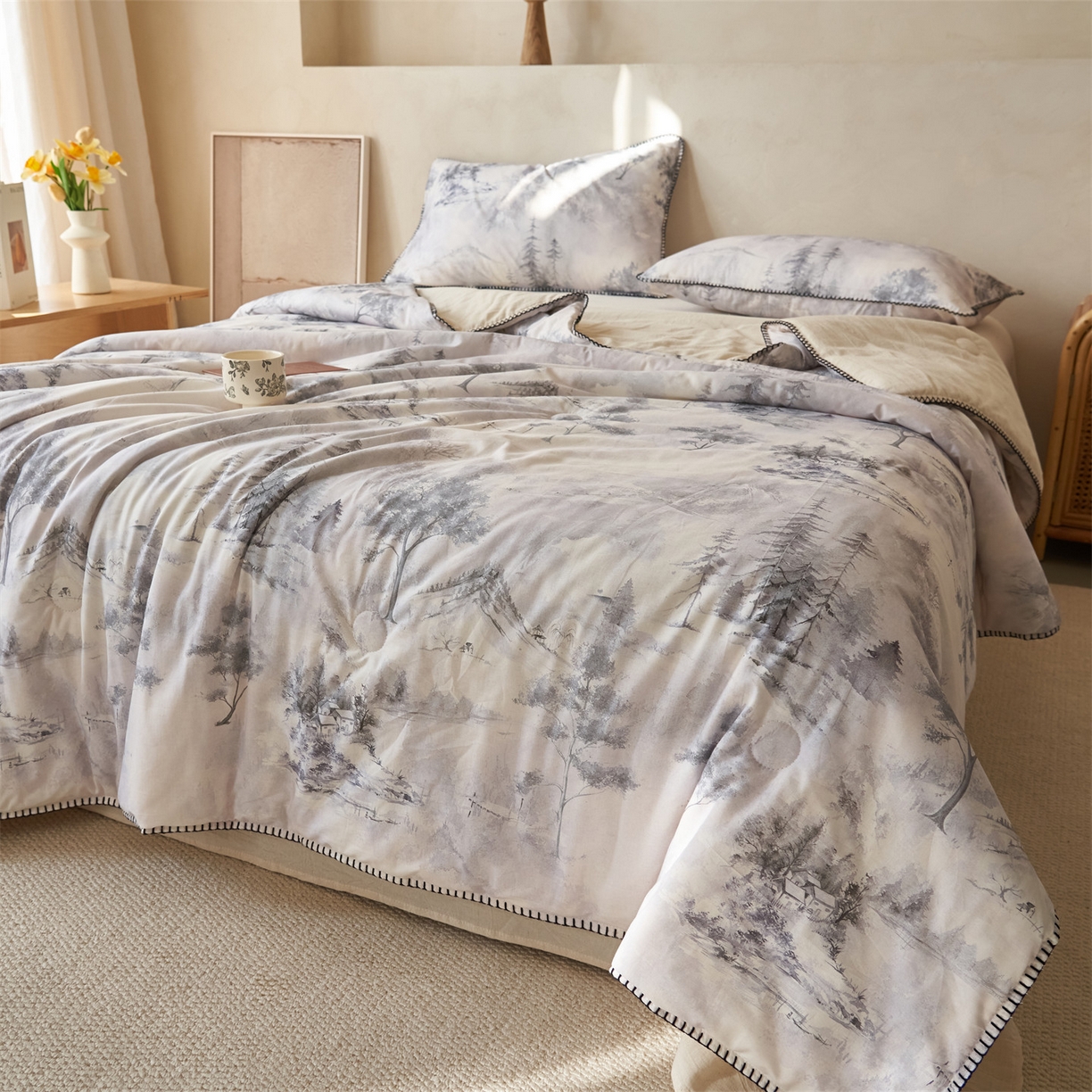 91家纺网 家纺一手货源 找家纺 恬思语家纺 2026春夏新款棉麻印花棉花夏被空调被夏凉被四件套花卉系列 湘南