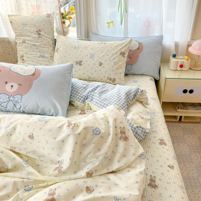 91家纺网 家纺一手货源 找家纺 Sweet dreams甜梦 2026新款小清新卡通全棉纯棉印花床盖四件套 蝴蝶结兔兔