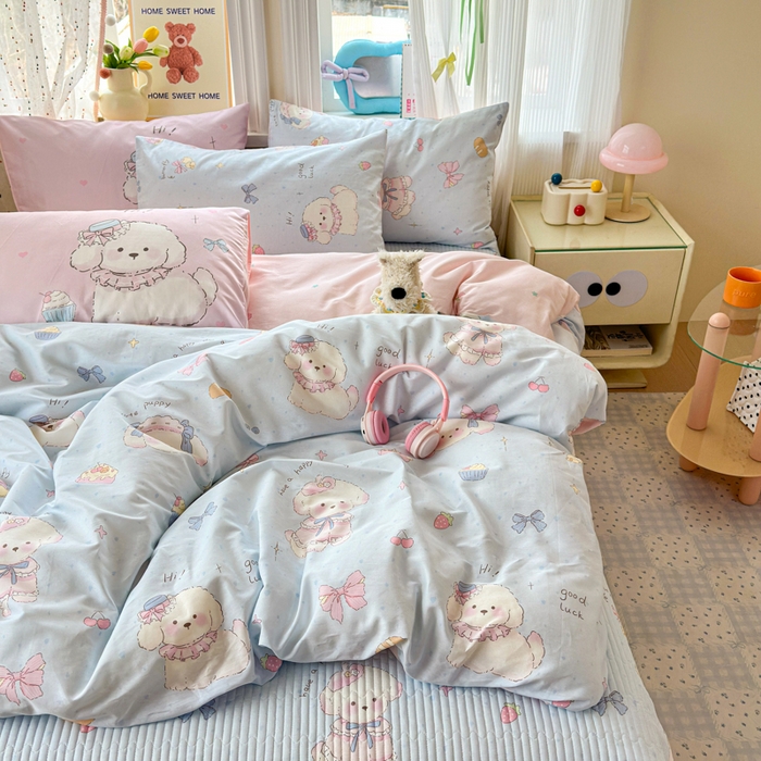 91家纺网 家纺一手货源 找家纺 Sweet dreams甜梦 2026新款小清新卡通全棉纯棉印花床盖四件套 蛋糕小狗