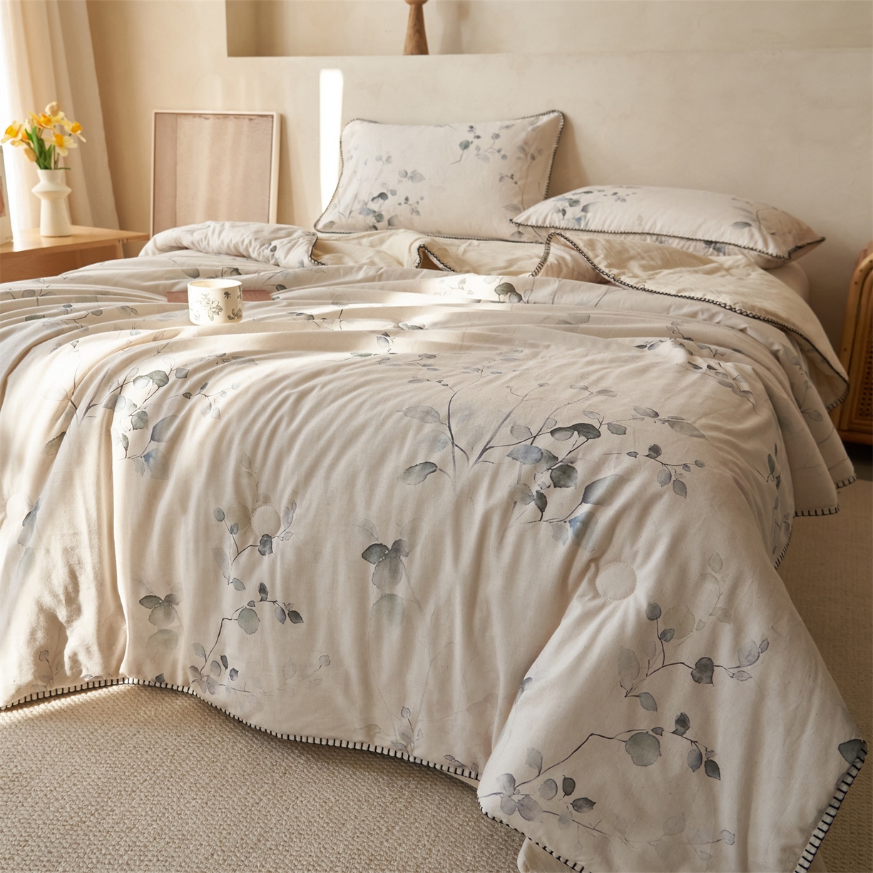 91家纺网 家纺一手货源 找家纺 恬思语家纺 2026春夏新款棉麻印花棉花夏被空调被夏凉被四件套花卉系列 墨芙