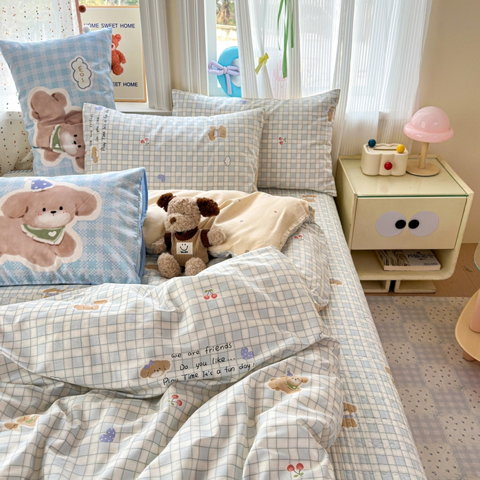 91家纺网 家纺一手货源 找家纺 Sweet dreams甜梦 2026新款小清新卡通全棉纯棉印花床盖四件套 樱桃小狗