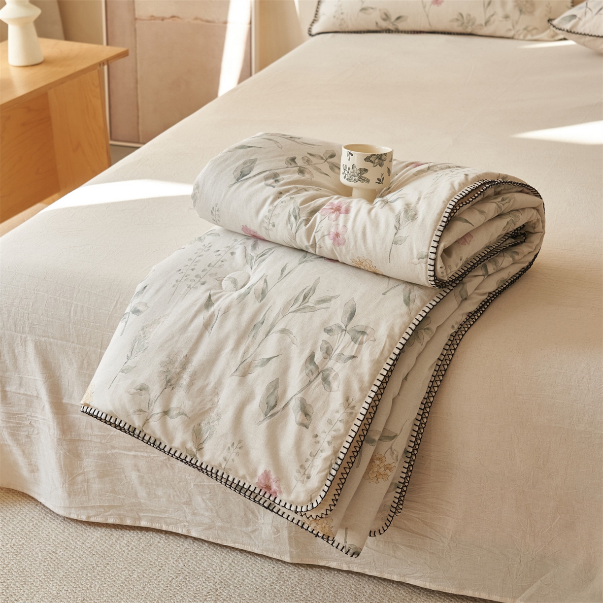 91家纺网 家纺一手货源 找家纺 恬思语家纺 2026春夏新款棉麻印花棉花夏被空调被夏凉被四件套花卉系列 花田