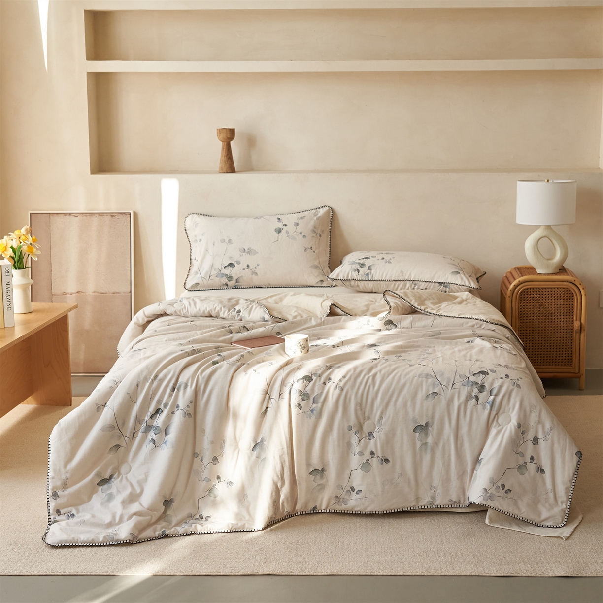 91家纺网 家纺一手货源 找家纺 恬思语家纺 2026春夏新款棉麻印花棉花夏被空调被夏凉被四件套花卉系列 墨芙