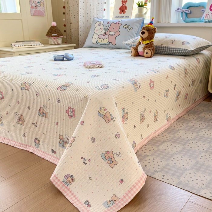 91家纺网 家纺一手货源 找家纺 Sweet dreams甜梦 2026新款小清新卡通全棉纯棉印花床盖四件套 晚安熊