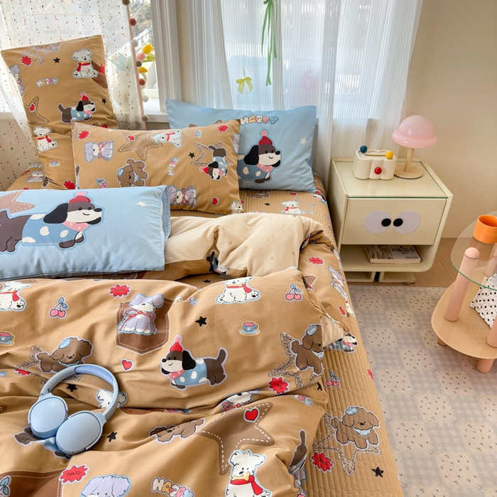 91家纺网 家纺一手货源 找家纺 Sweet dreams甜梦 2026新款小清新卡通全棉纯棉印花床盖四件套 星星小狗