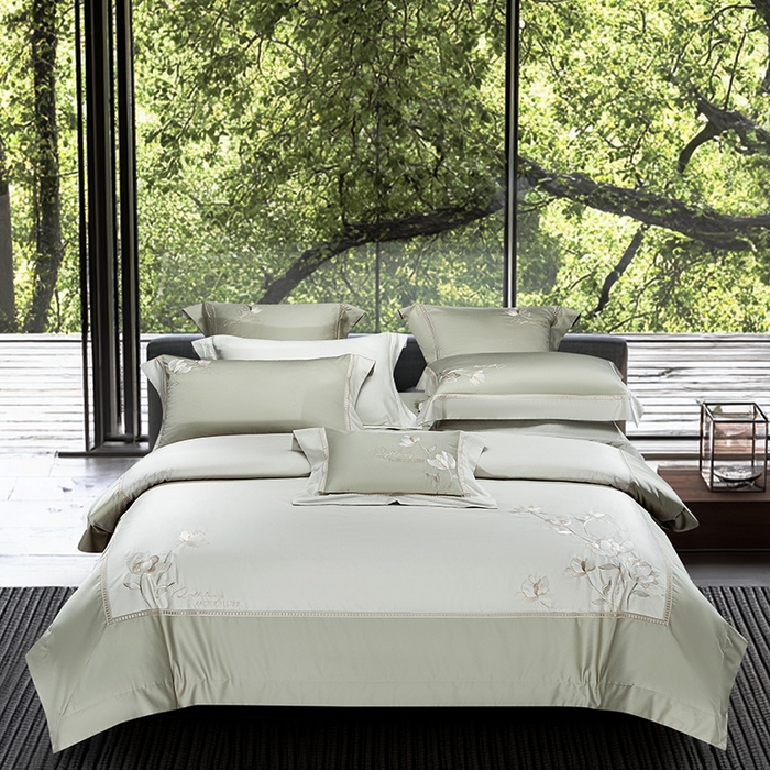 91家纺网 家纺一手货源 找家纺 诗黛尔家纺 2026春夏新款长绒棉刺绣四件套 叶澜居系列 叶澜居-油果绿