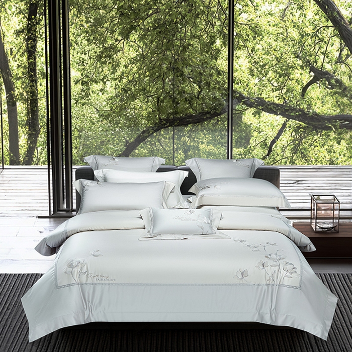 91家纺网 家纺一手货源 找家纺 诗黛尔家纺 2026春夏新款长绒棉刺绣四件套 叶澜居系列 叶澜居-绅士灰